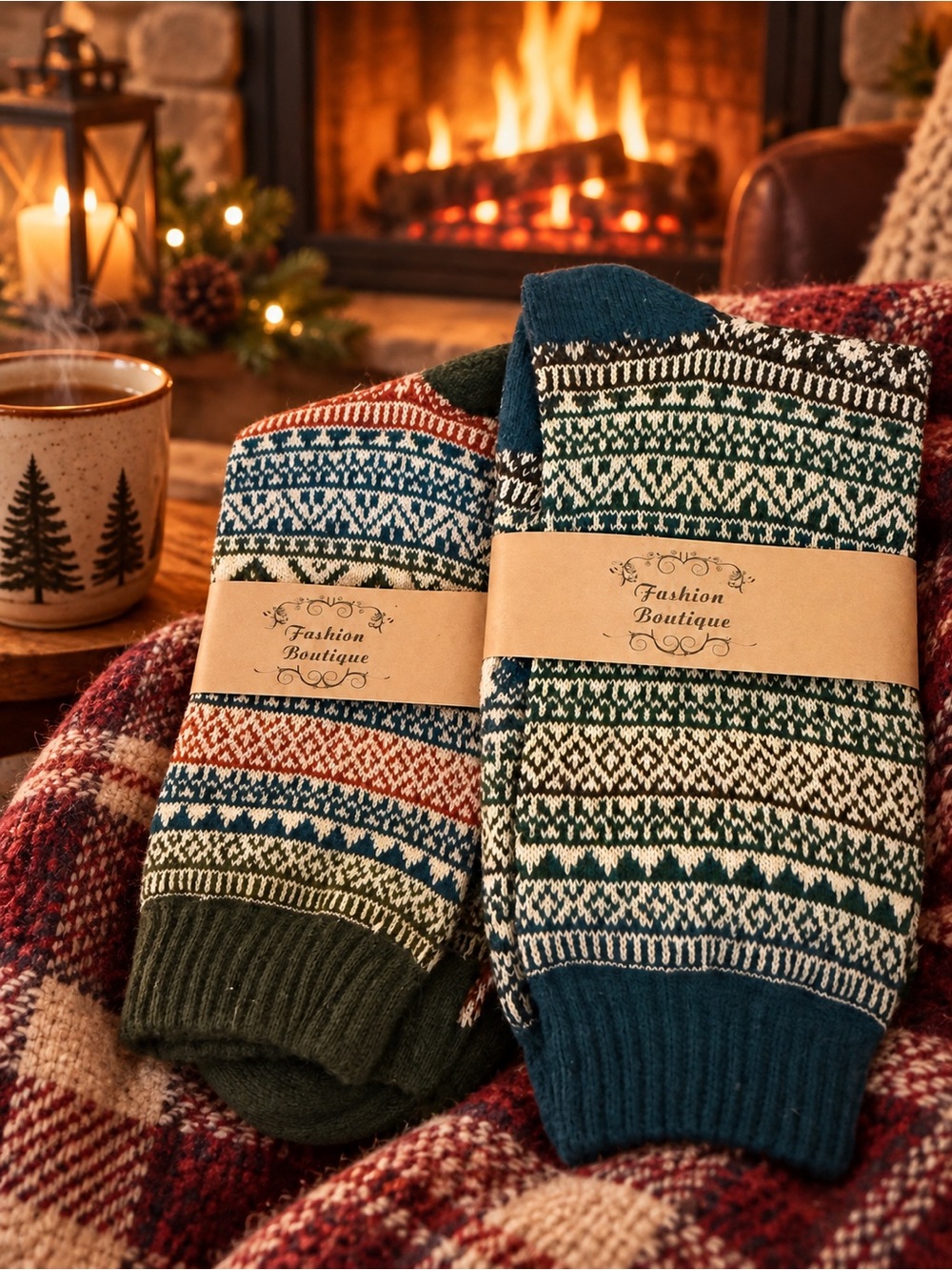 Women’s Fashion Boutique Fair Isle Crew Socks - Green & Blue
